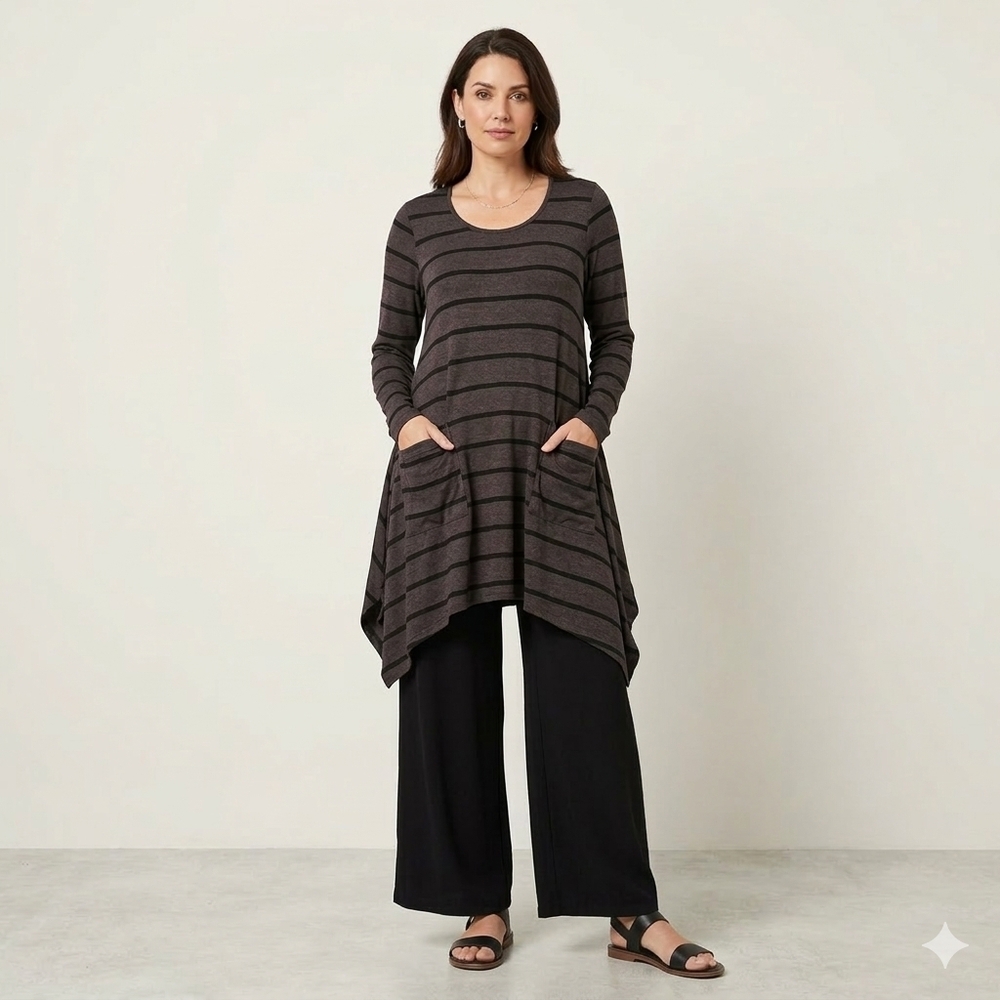 Alembika Linear Tunic Top Size 3 / Medium Oversize Assymetrical Hem Black Brown